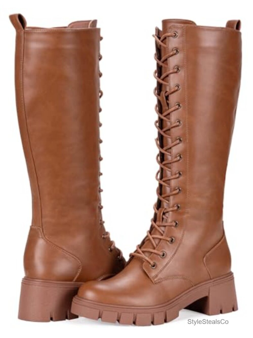 Womens Lace Up Platform Chunky Heel Knee High Combat Boots Faux Leather